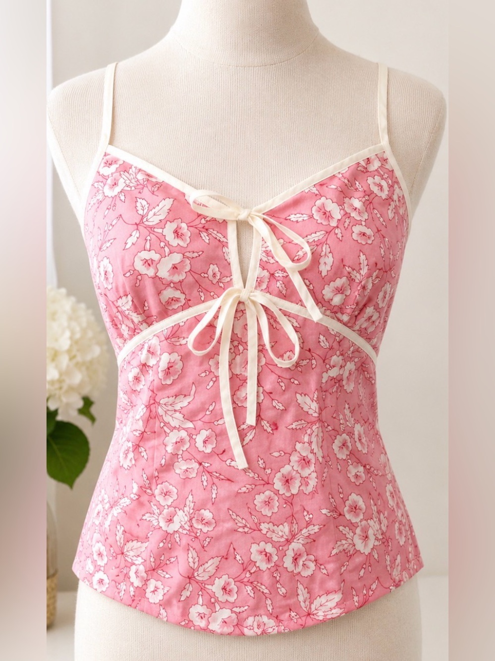 [William B] Pink Ivory Floral Cotton Camisole Top Tie Front Back Zip Sz 4 NWT!